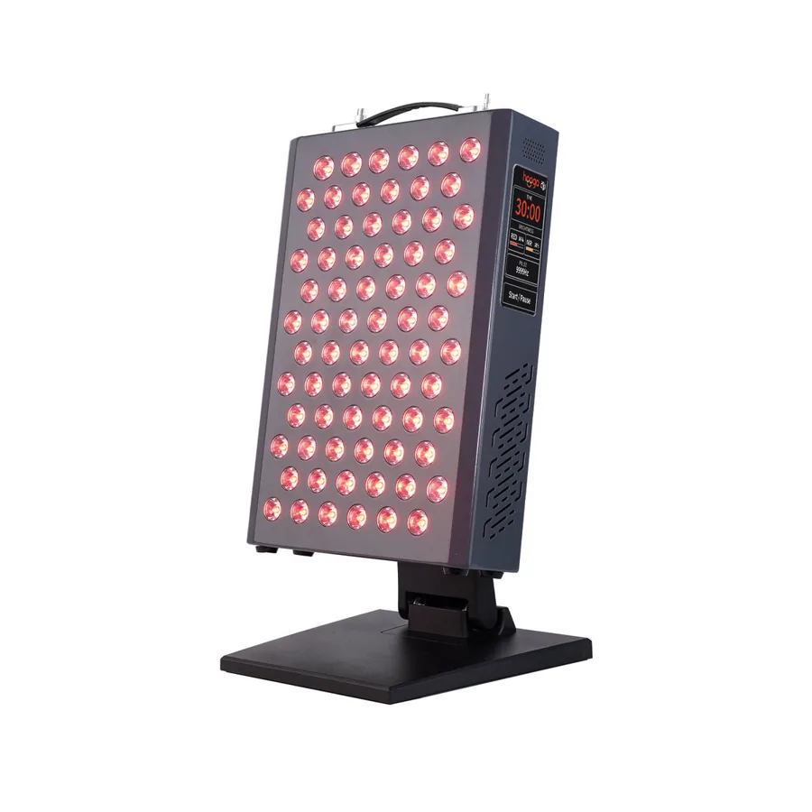 The Hooga ULTRA360 red light therapy panel on its stand, 72 quad-chip LEDs behind a grey housing with a touchscreen on the side.